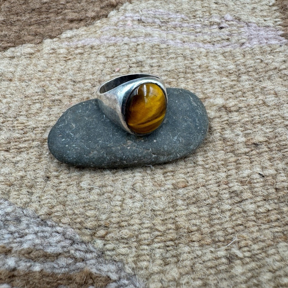 VTG Taxco Mexico Tigers Eye Sterling Silver 925 Signet Ring Oval Size 8.5 Marked